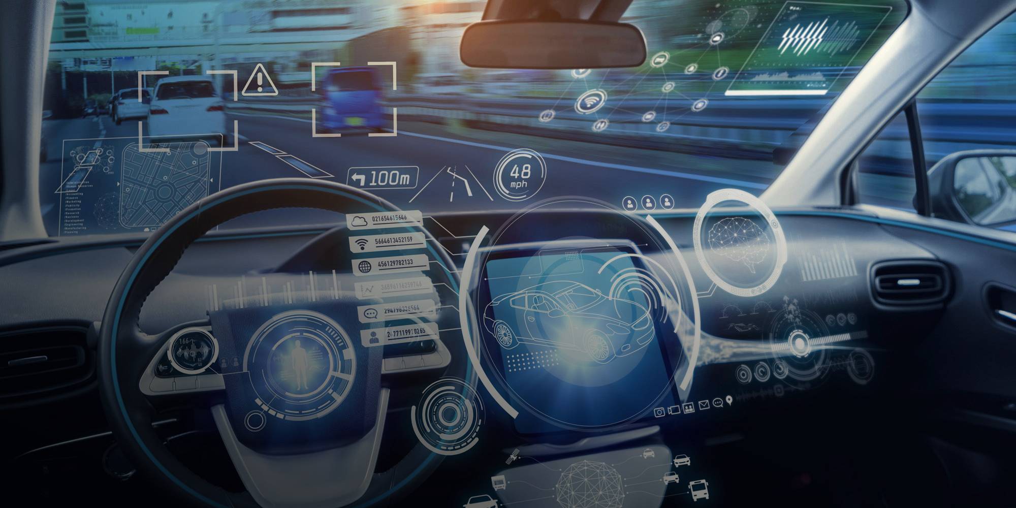 A next-generation head-up display with dynamic and AR-enhanced information displayed across the windshield.